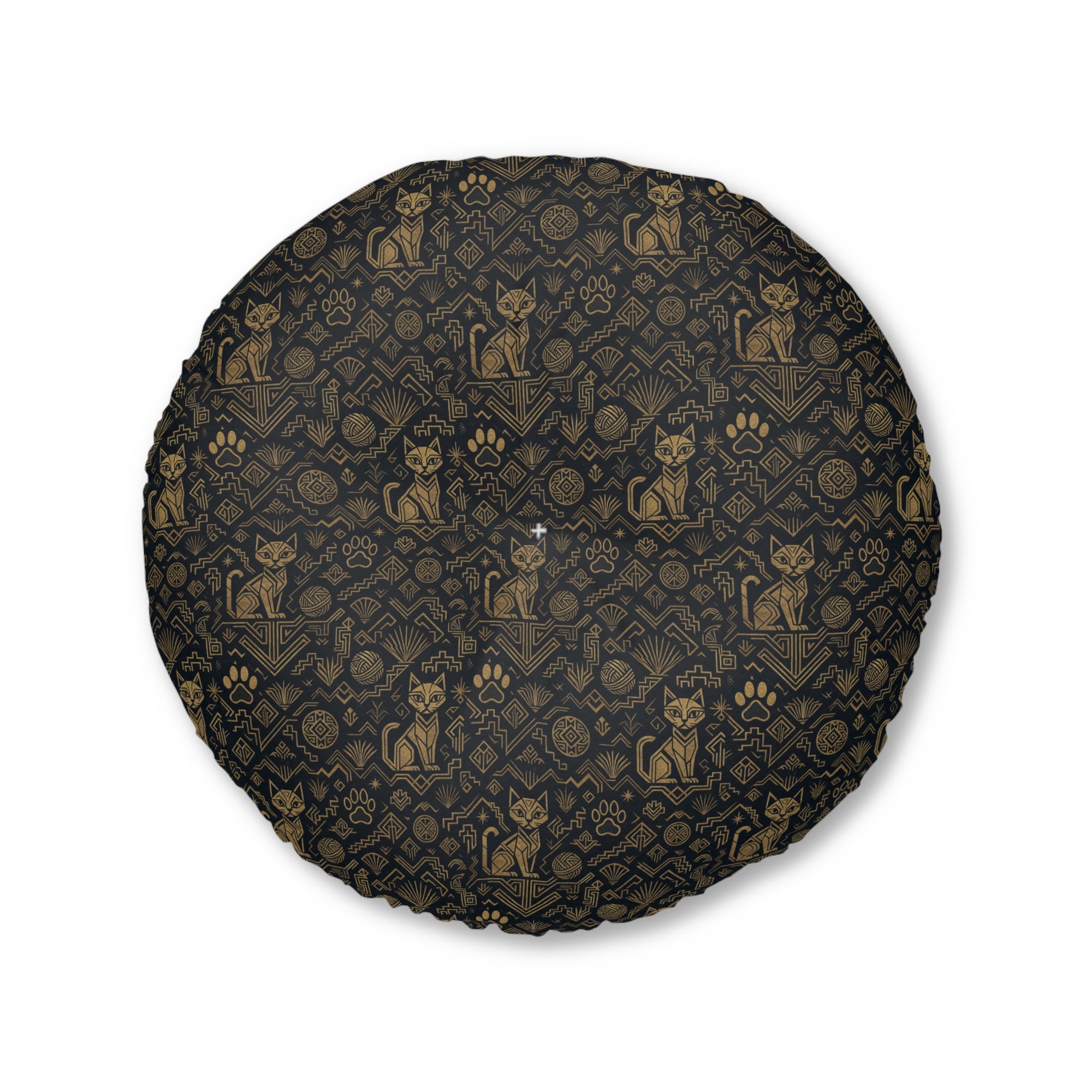 Indoor Round Floor Pillow - Art Deco Inspired Golden Cat Silhouettes and Geometric Patterns Create a Sophisticated and Stylized Modern Design