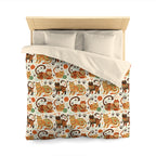 Duvet Cover - Colorful folk art patterned cats, vibrant orange and teal hues, playful felines with yarn and paw prints, bohemian animal illustration, cream background, artistic and cheerful design