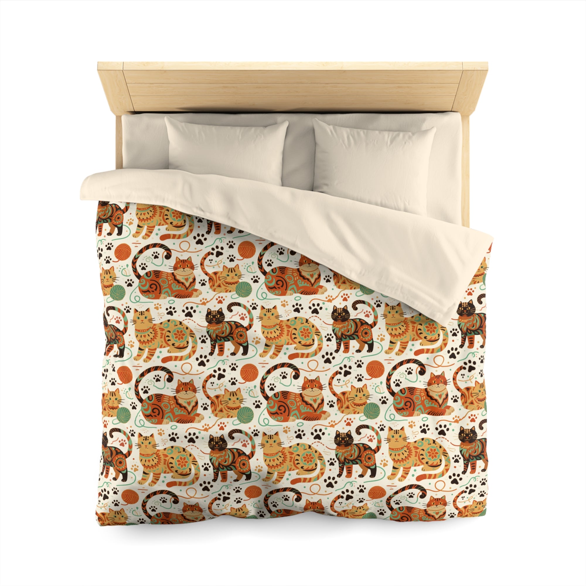 Duvet Cover - Colorful folk art patterned cats, vibrant orange and teal hues, playful felines with yarn and paw prints, bohemian animal illustration, cream background, artistic and cheerful design