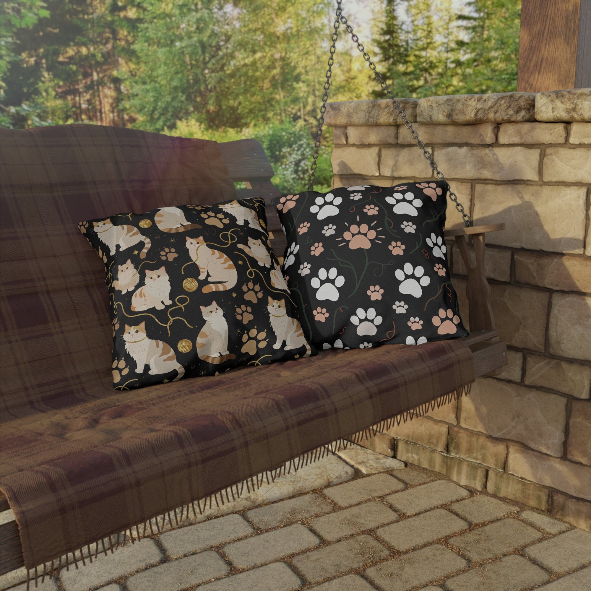 Outdoor Pillow - Elegant felines and sparkling gold yarn on black, adorable cats with golden paw prints, sophisticated pet motif, charming animal pattern, cozy and warm artistic illustration