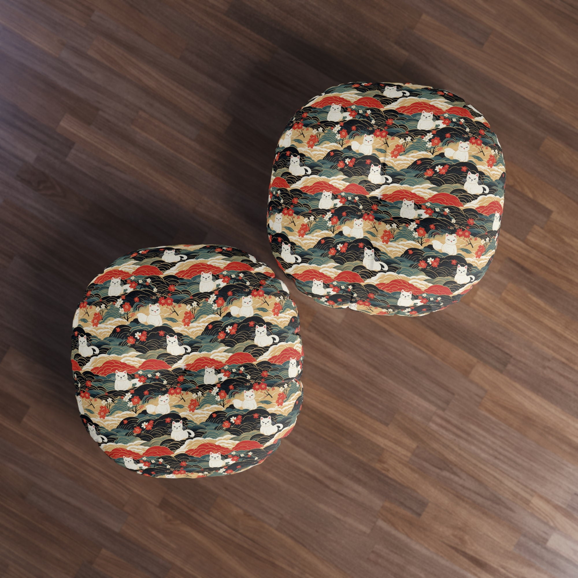 Indoor Round Floor Pillow - A beautiful, Japanese-inspired illustration of tranquil white cats resting on rolling clouds with vibrant red and white cherry blossoms.