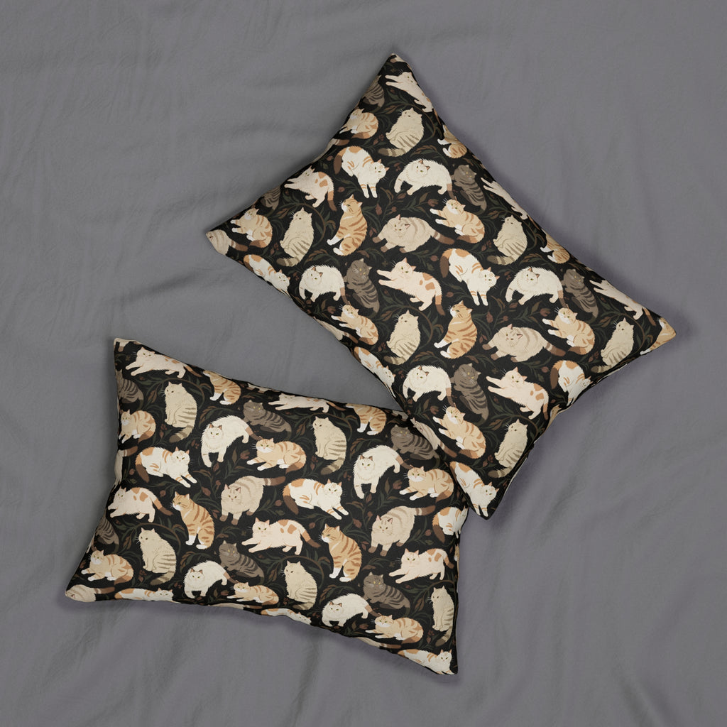 Indoor Lumbar Pillow - Earthy Toned Cats Lounge and Play Amidst Dark Foliage in a Serene and Naturally Inspired Seamless Pattern Design