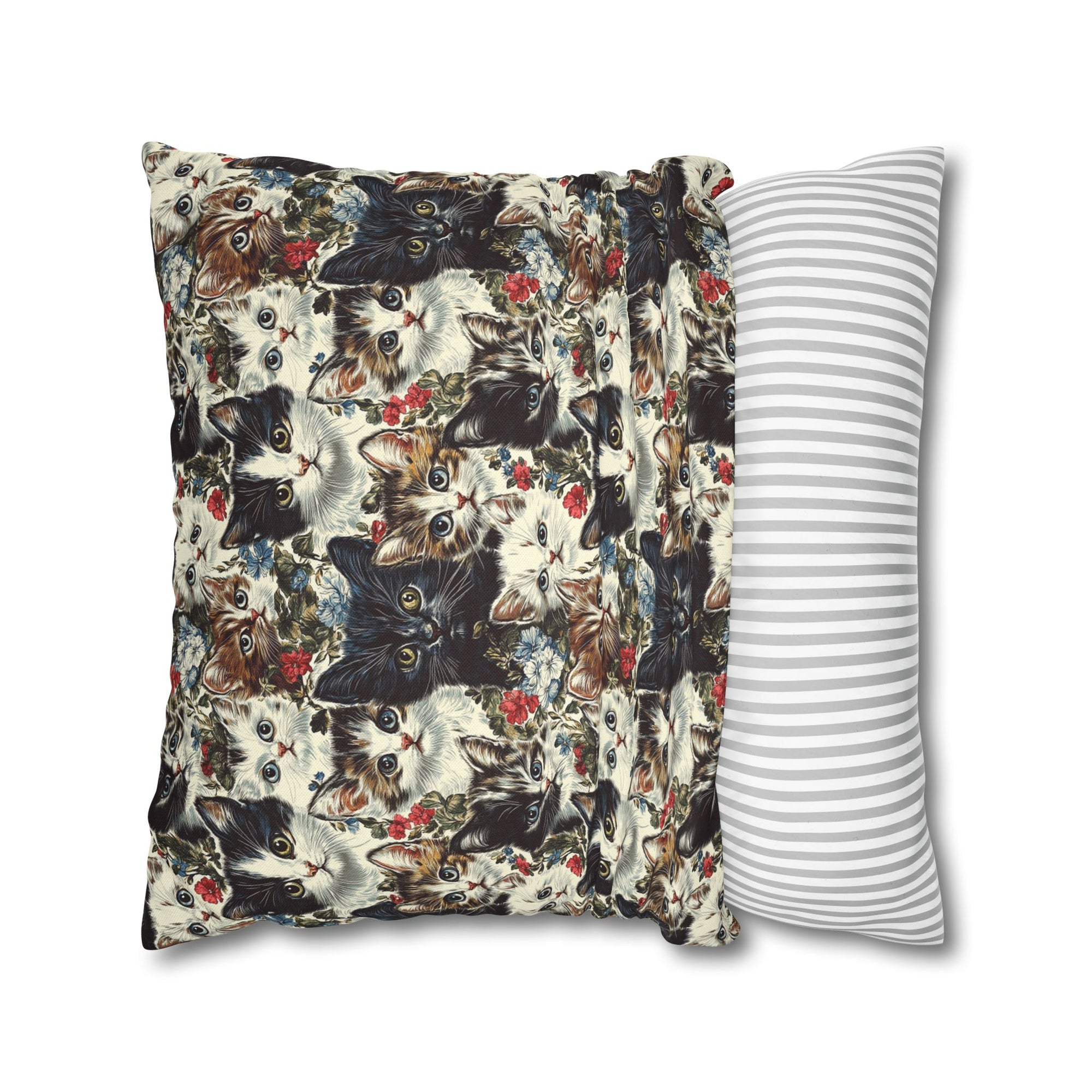 Square Pillowcase - Colorful Kitten Faces with Red and Blue Flowers, Whimsical and Bright, Pattern Design