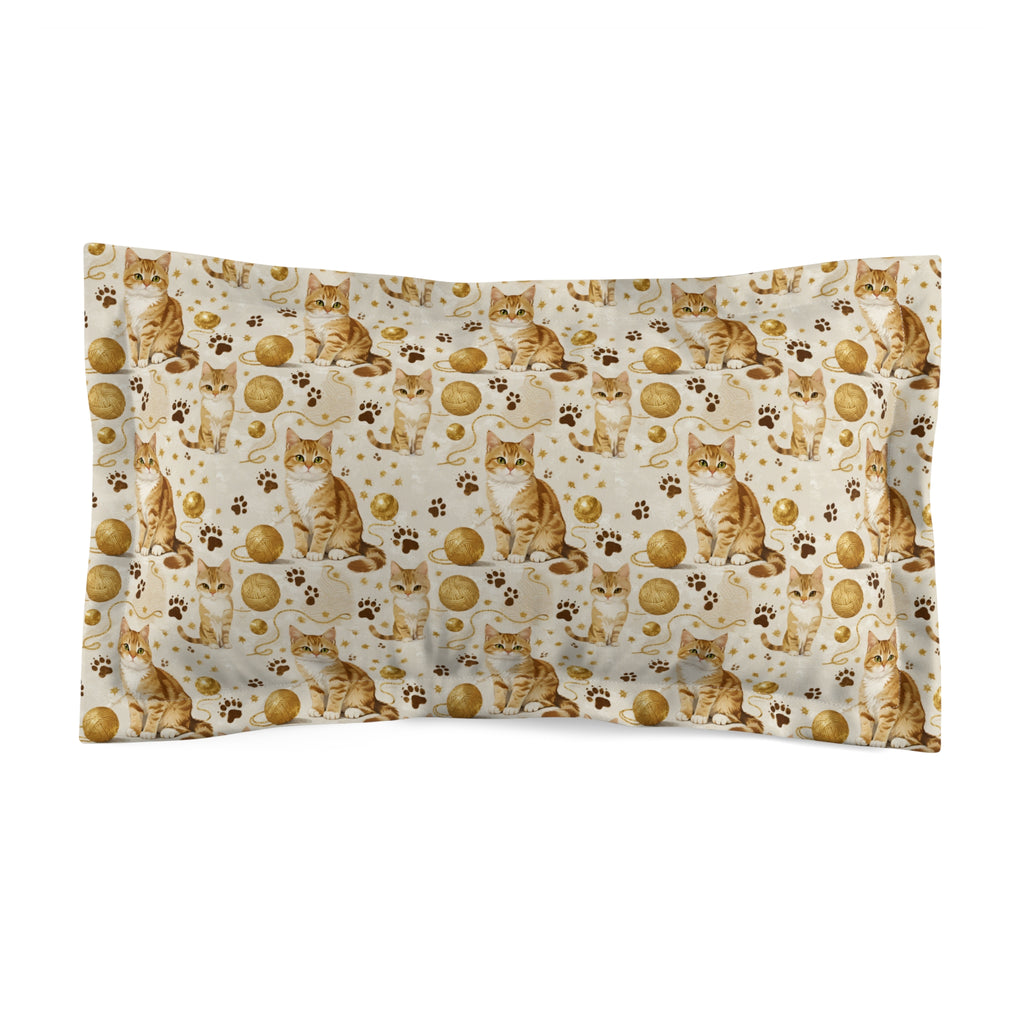 Pillow Sham - Adorable ginger cat with bright green eyes, sparkling gold yarn and paw prints, classic tabby cat illustration, cream background, cute and charming pet themed art