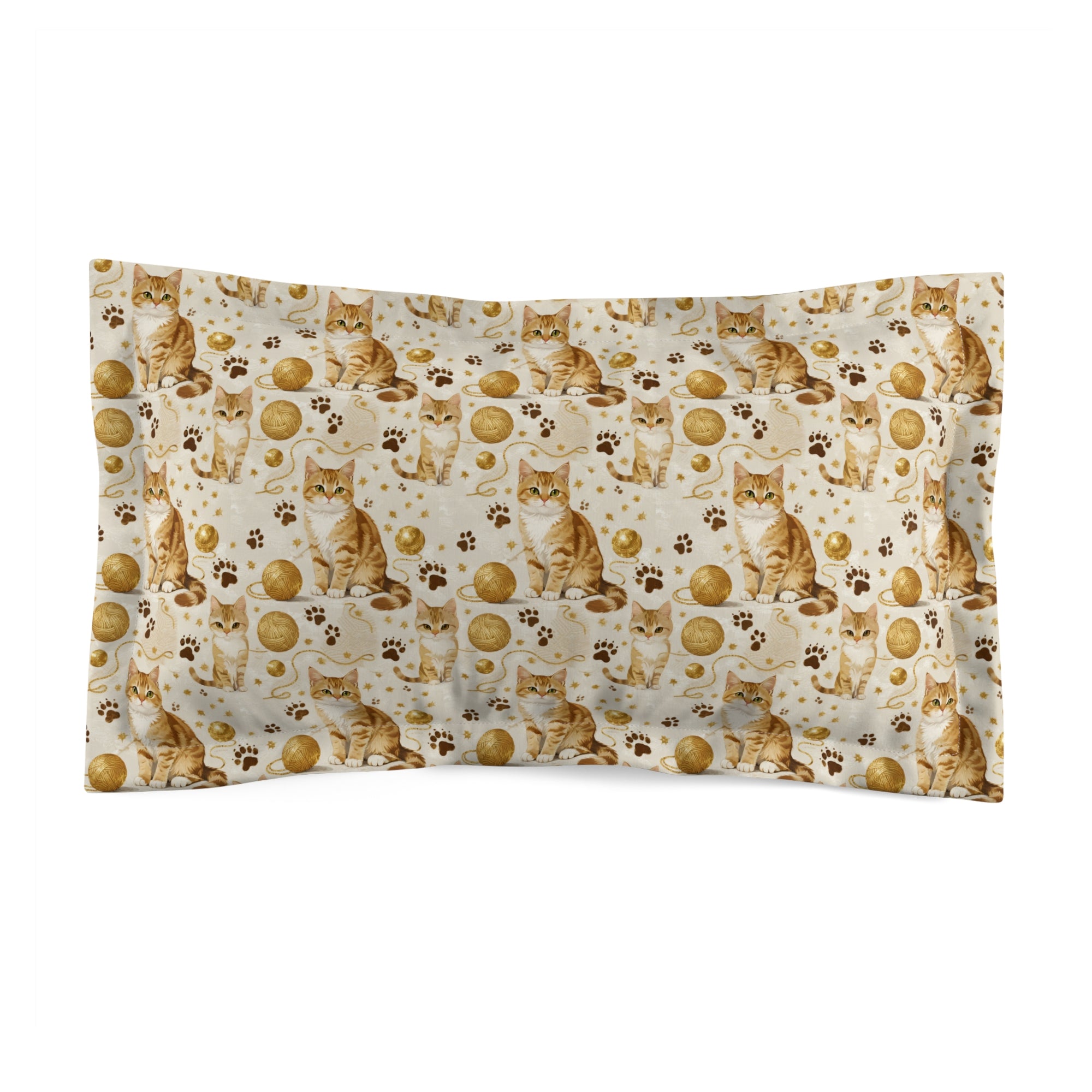 Pillow Sham - Adorable ginger cat with bright green eyes, sparkling gold yarn and paw prints, classic tabby cat illustration, cream background, cute and charming pet themed art