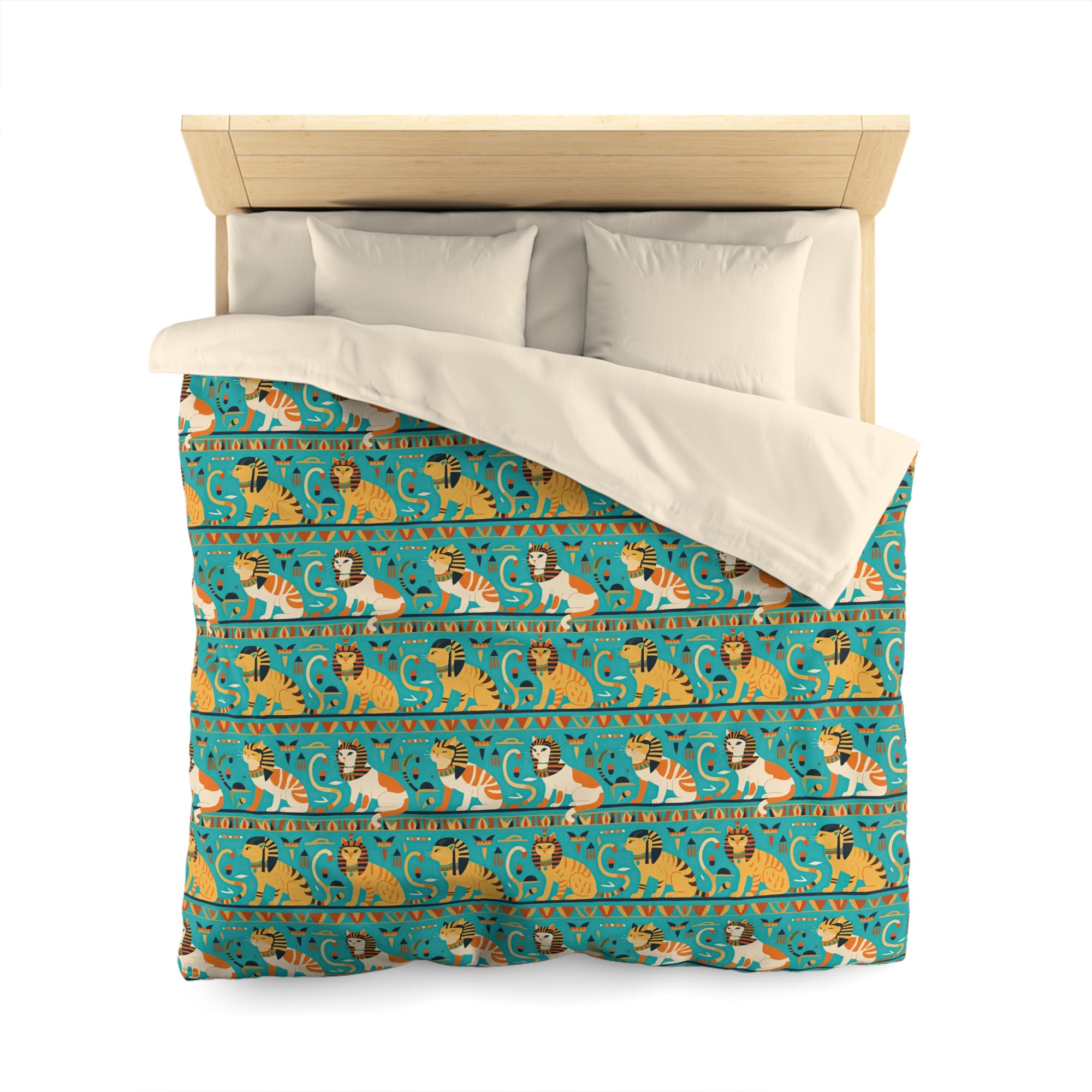 Duvet Cover - Horizontal Stripes of Golden Egyptian Cats and Intricate Hieroglyphs Form a Repeating and Historically Themed Border Pattern