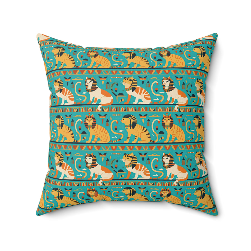 Indoor Square Pillow - Horizontal Stripes of Golden Egyptian Cats and Intricate Hieroglyphs Form a Repeating and Historically Themed Border Pattern