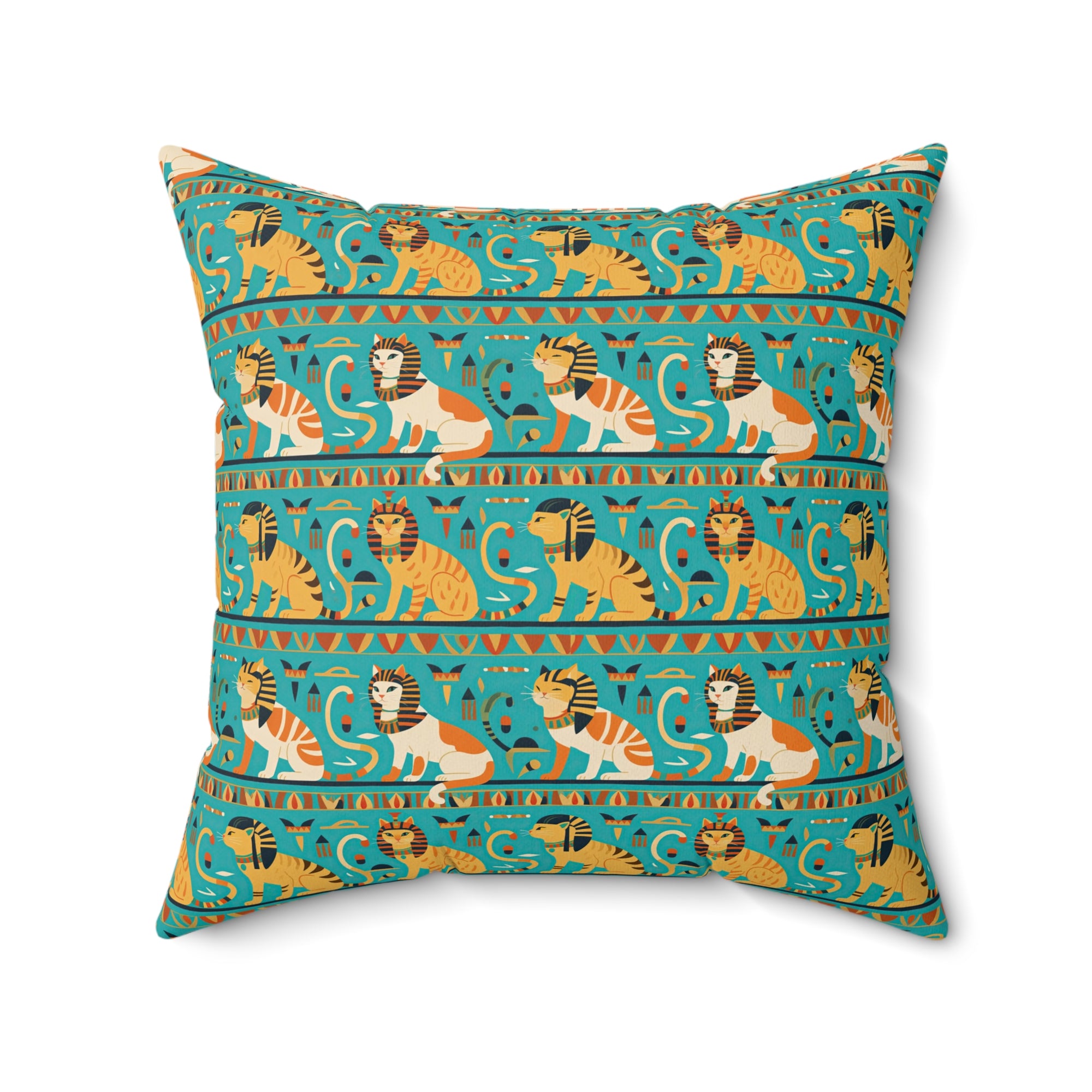 Indoor Square Pillow - Horizontal Stripes of Golden Egyptian Cats and Intricate Hieroglyphs Form a Repeating and Historically Themed Border Pattern