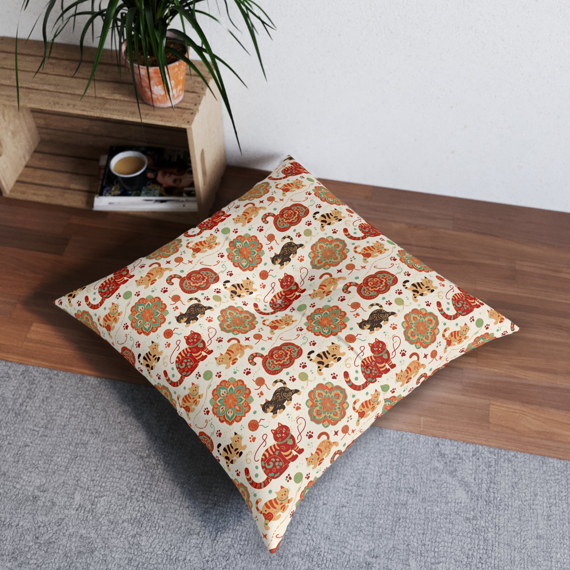 Indoor Square Floor Pillow - Vibrant boho chic cats and mandalas, colorful folk art style, playful felines with yarn and paw prints, artistic and bohemian cat design, cream background, unique animal print