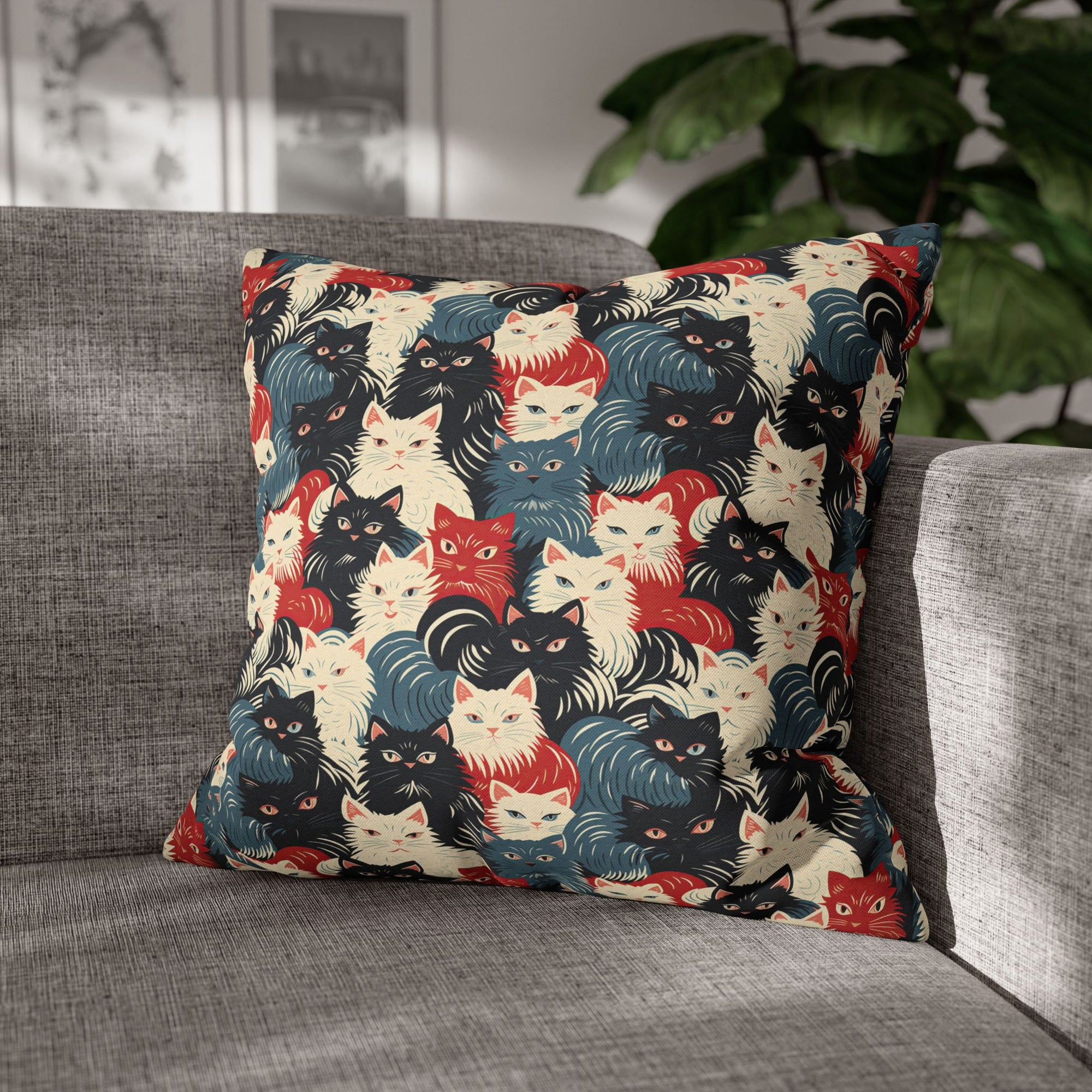 Square Pillowcase - A bold and graphic pop art style illustration featuring a tight-knit cluster of various fluffy felines in black, white, red, and blue.