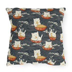 Outdoor Pillow - An adorable and cute pattern of baby cats happily eating steaming ramen noodles from traditional red and white bowls with beautiful white floral elements surrounding them.