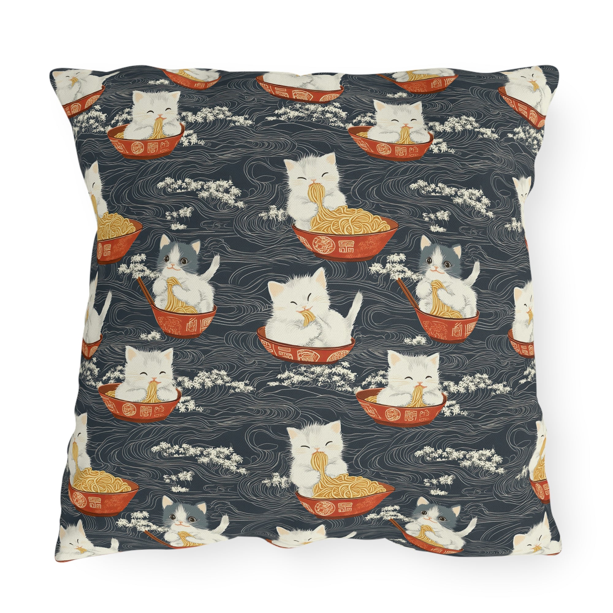 Outdoor Pillow - An adorable and cute pattern of baby cats happily eating steaming ramen noodles from traditional red and white bowls with beautiful white floral elements surrounding them.
