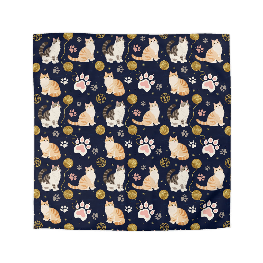 Duvet Cover - Charming cats and golden yarn playful design, cute kittens with paw prints, whimsical animal art for cat lovers, dark blue background, delightful pet themed illustration