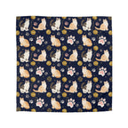 Duvet Cover - Charming cats and golden yarn playful design, cute kittens with paw prints, whimsical animal art for cat lovers, dark blue background, delightful pet themed illustration