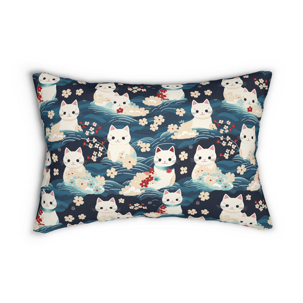 Indoor Lumbar Pillow - A lovely, playful, Japanese-inspired illustration of sweet white cats sitting on rolling blue waves with red and white flowers and gentle clouds.