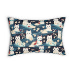 Indoor Lumbar Pillow - A lovely, playful, Japanese-inspired illustration of sweet white cats sitting on rolling blue waves with red and white flowers and gentle clouds.