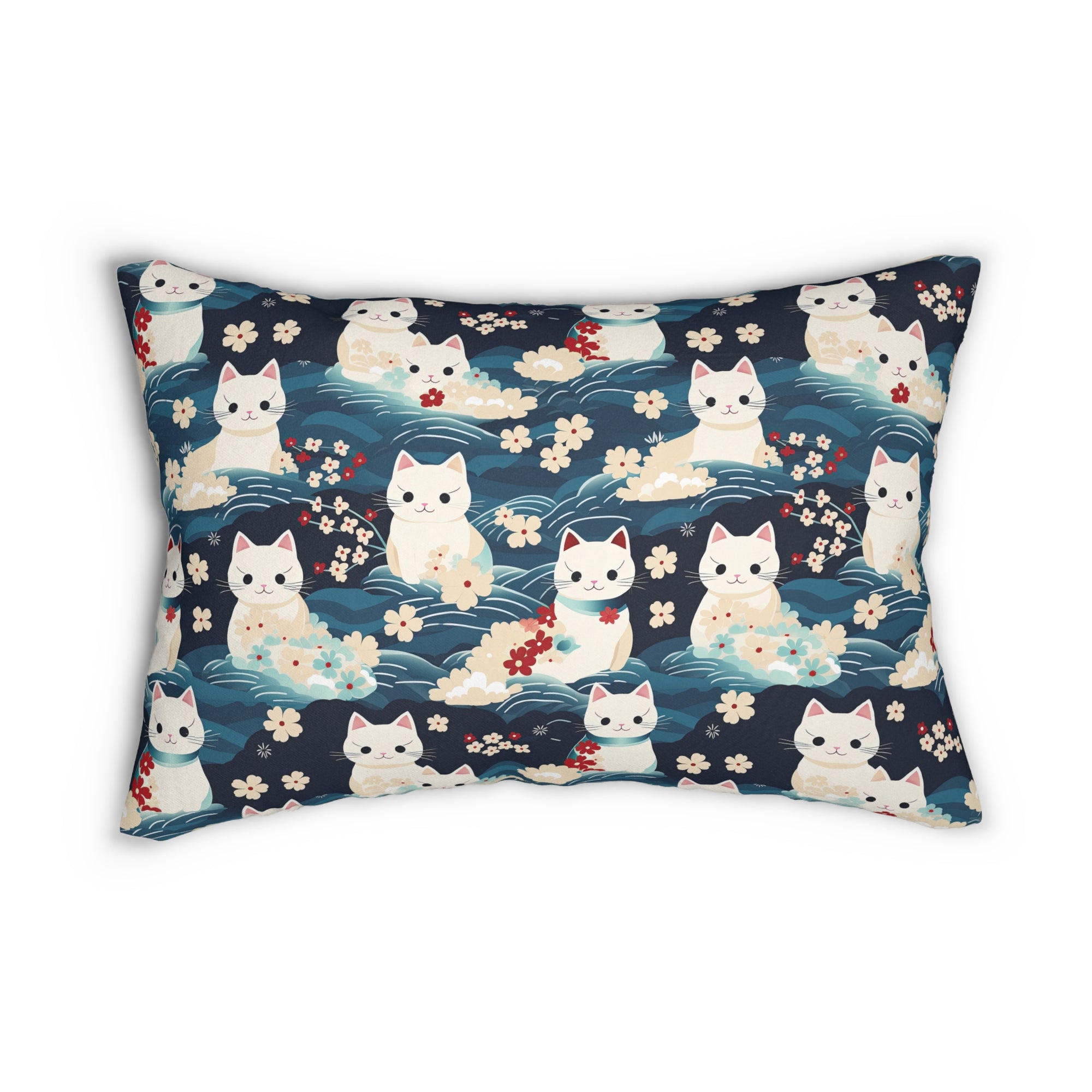 Indoor Lumbar Pillow - A lovely, playful, Japanese-inspired illustration of sweet white cats sitting on rolling blue waves with red and white flowers and gentle clouds.