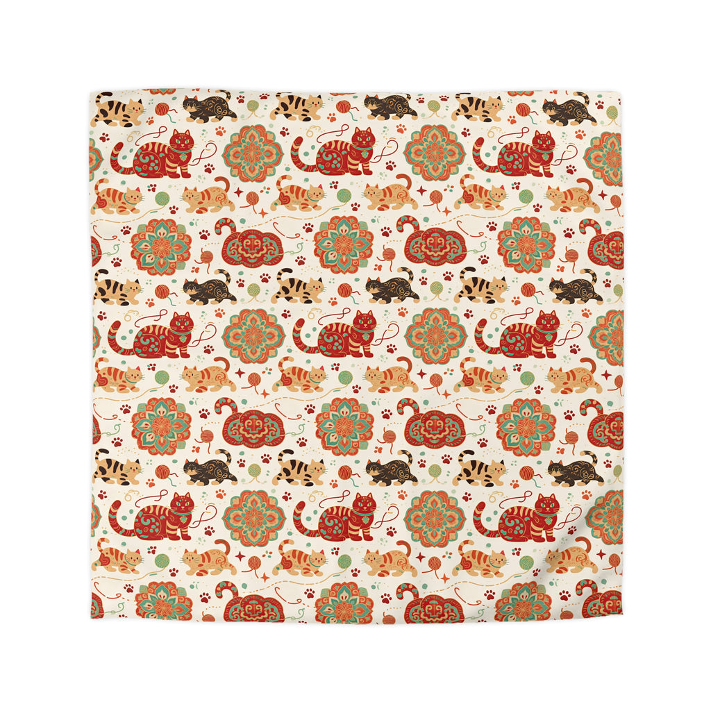 Duvet Cover - Vibrant boho chic cats and mandalas, colorful folk art style, playful felines with yarn and paw prints, artistic and bohemian cat design, cream background, unique animal print
