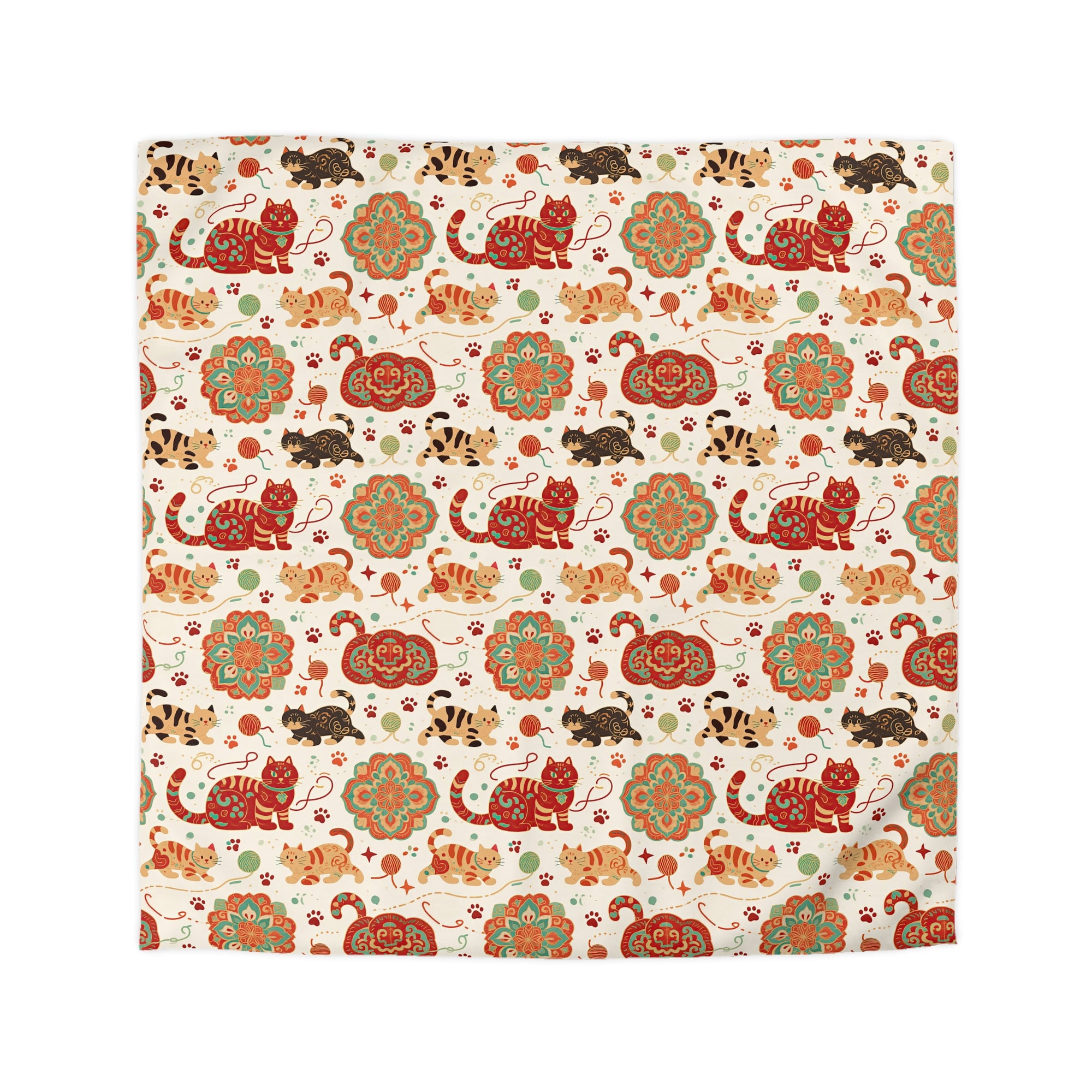 Duvet Cover - Vibrant boho chic cats and mandalas, colorful folk art style, playful felines with yarn and paw prints, artistic and bohemian cat design, cream background, unique animal print