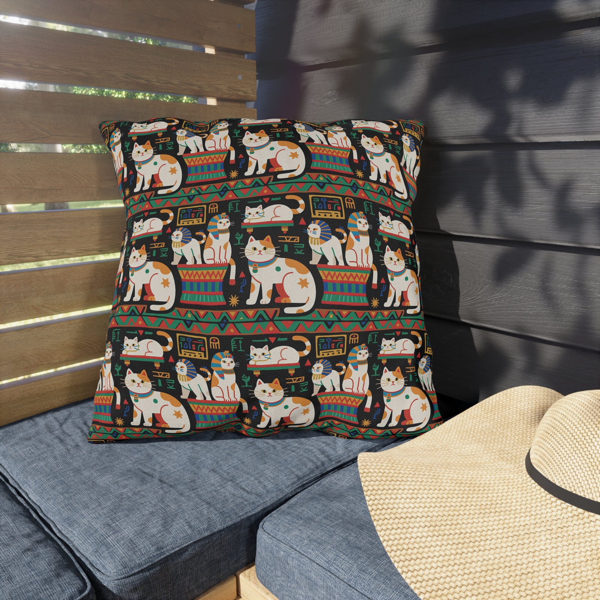 Outdoor Pillow - Ancient Egyptian Felines with Hieroglyphs and Colorful Borders Adorn this Playful and Culturally Rich Cat Pattern