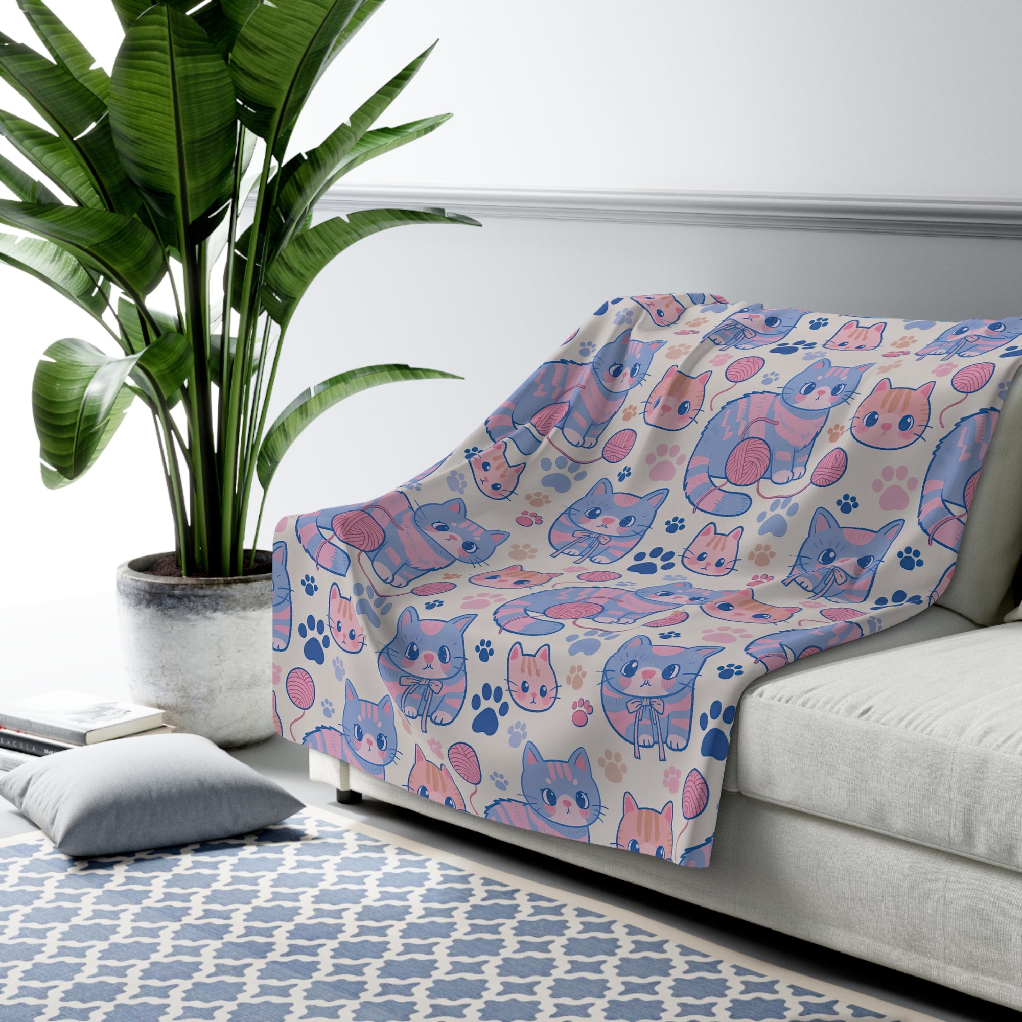 Sherpa Blanket - Sweet pastel blue and pink cartoon cats, cute kawaii style kittens with yarn and paw prints, charming and playful animal design, light cream background, delightful pet pattern