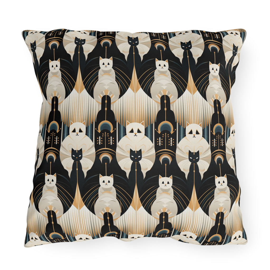 Outdoor Pillow - An elegant and artistic Art Deco-style pattern featuring streamlined white cats with a striking geometric backdrop of golden and black lines and shapes.