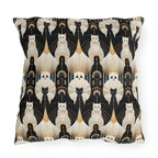 Outdoor Pillow - An elegant and artistic Art Deco-style pattern featuring streamlined white cats with a striking geometric backdrop of golden and black lines and shapes.