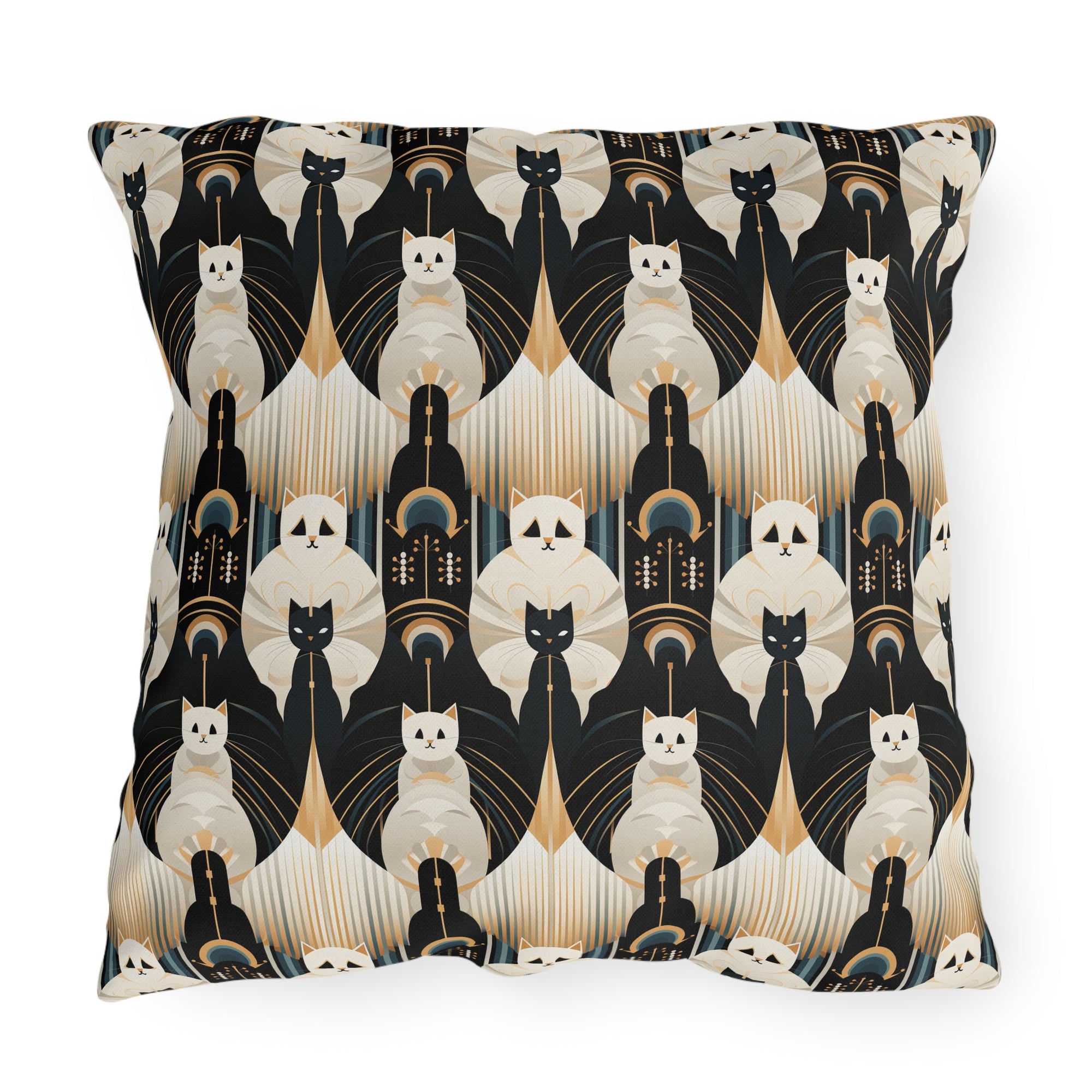 Outdoor Pillow - An elegant and artistic Art Deco-style pattern featuring streamlined white cats with a striking geometric backdrop of golden and black lines and shapes.