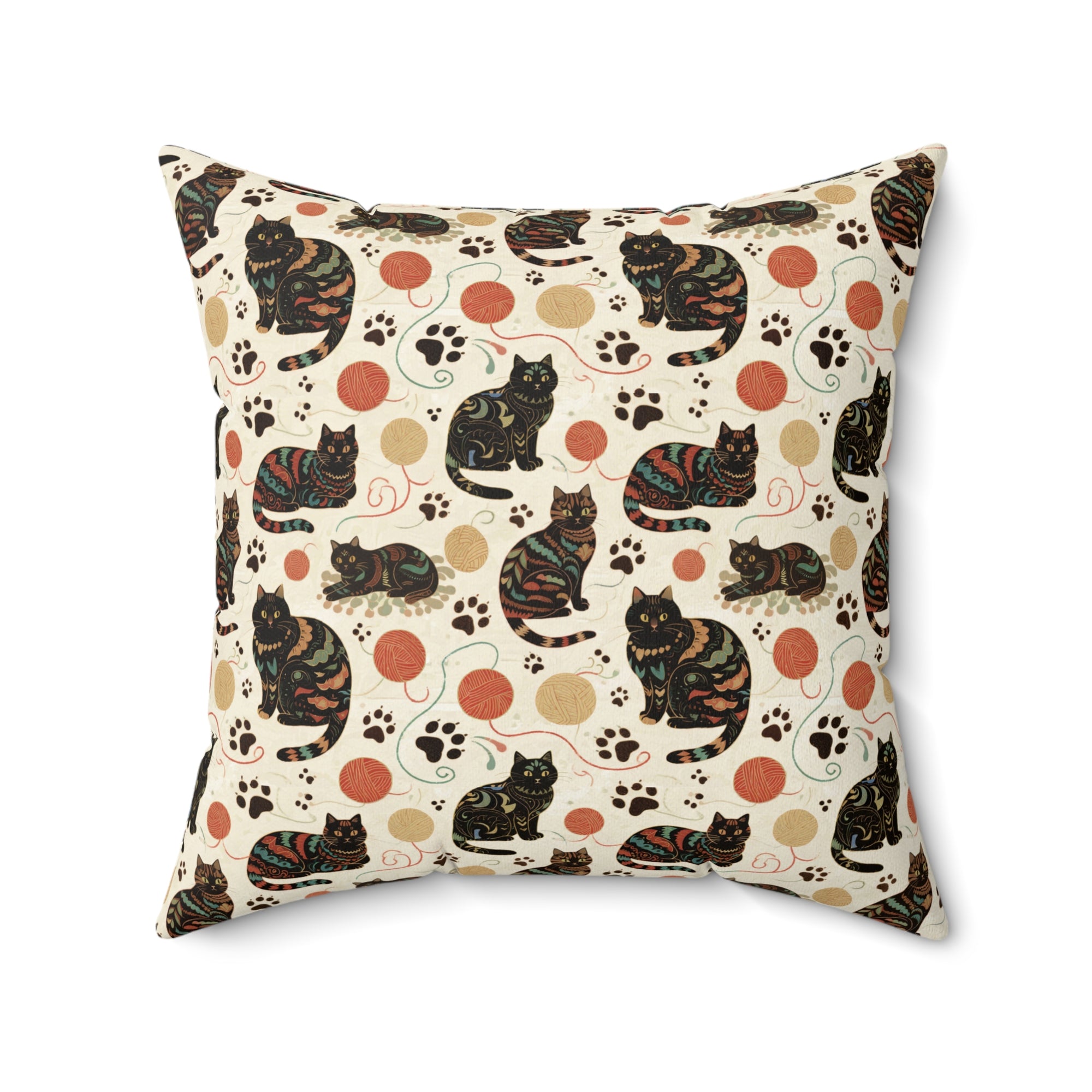 Indoor Square Pillow - Intricate tribal patterned black cats, colorful folk art style, playful felines with yarn balls and paw prints, artistic and bohemian cat design, cream background, unique animal print