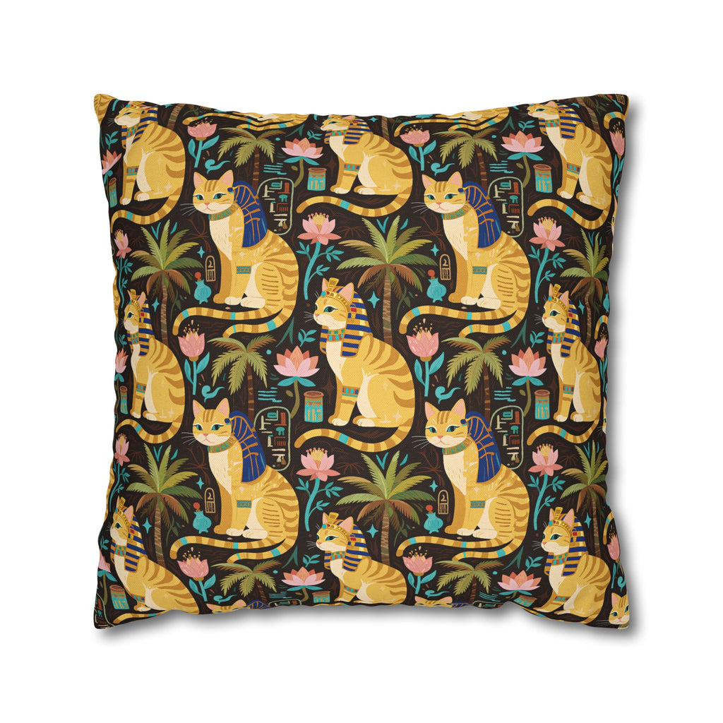Square Pillowcase - Golden Egyptian Cats with Pharaonic Headpieces Amidst Lush Palms and Lotus Flowers in an Exotic and Vibrant Scene