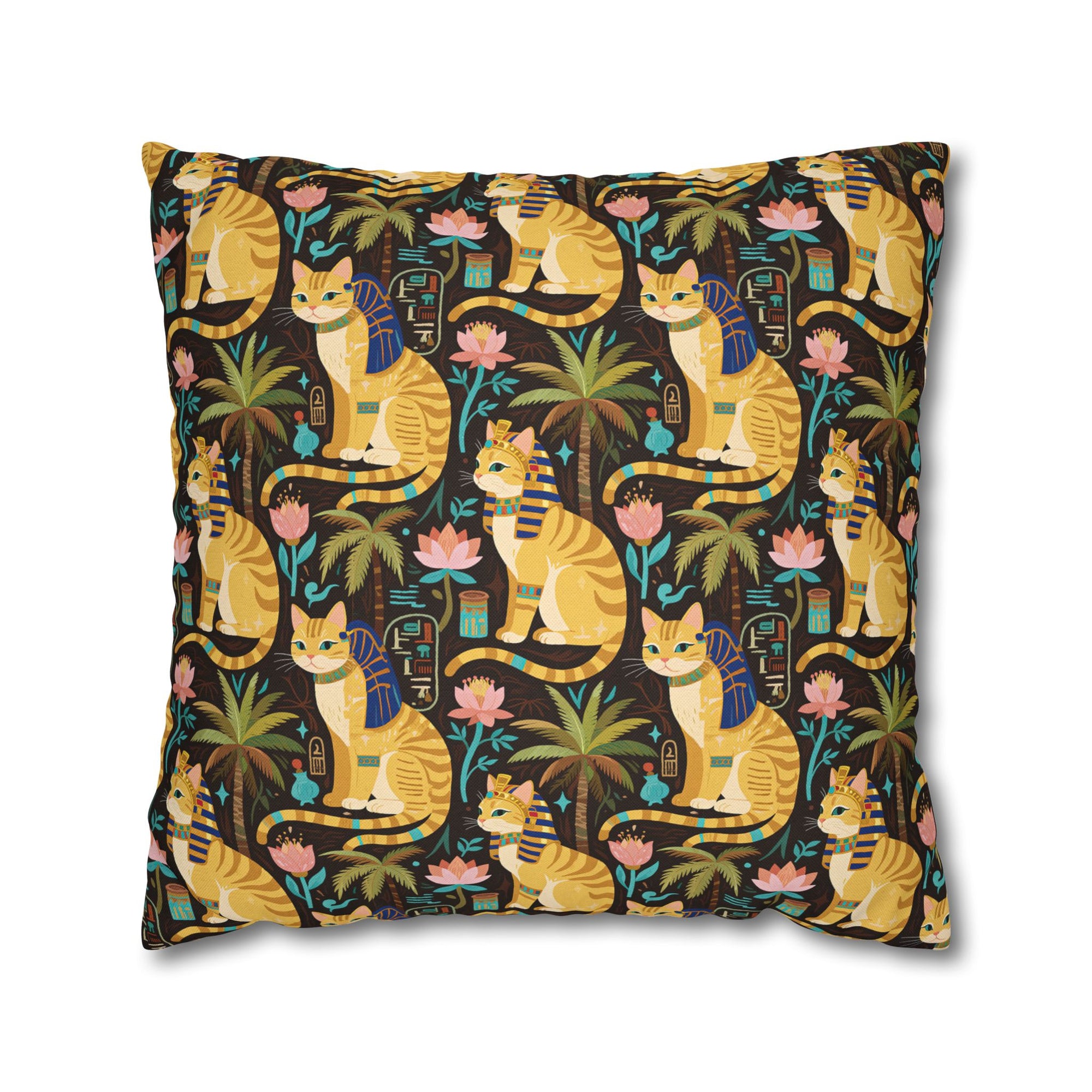 Square Pillowcase - Golden Egyptian Cats with Pharaonic Headpieces Amidst Lush Palms and Lotus Flowers in an Exotic and Vibrant Scene