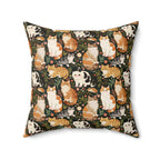 Indoor Square Pillow - Whimsical cat and kitten garden party, various cat breeds amidst green foliage and pink flowers, charming animal illustration, dark forest green background, playful and natural art