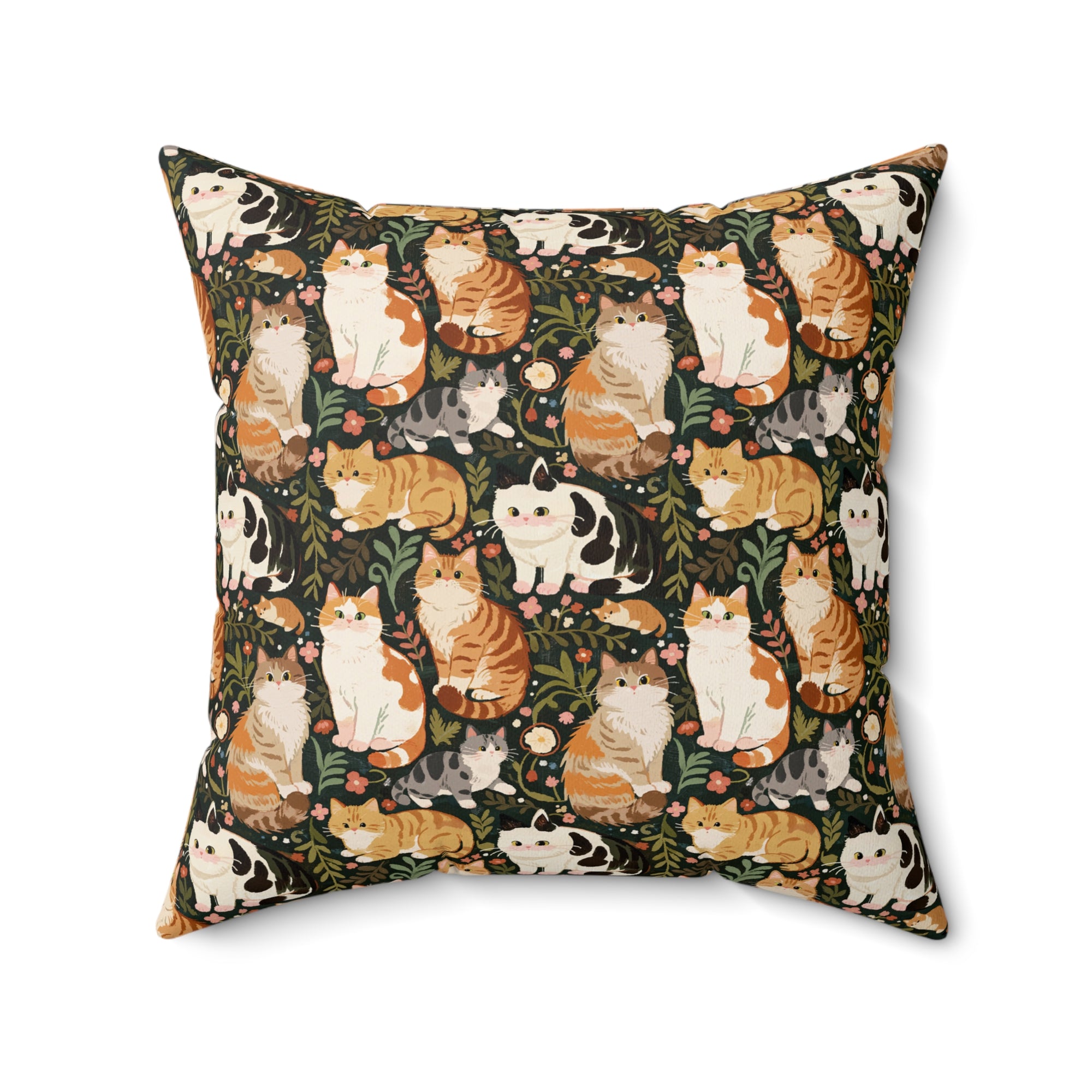 Indoor Square Pillow - Whimsical cat and kitten garden party, various cat breeds amidst green foliage and pink flowers, charming animal illustration, dark forest green background, playful and natural art