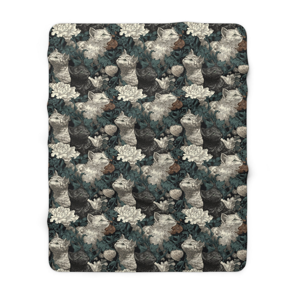 Sherpa Blanket - Grey and White Kittens with Creamy White Flowers and Dark Green Foliage, Elegant Vintage Vibe