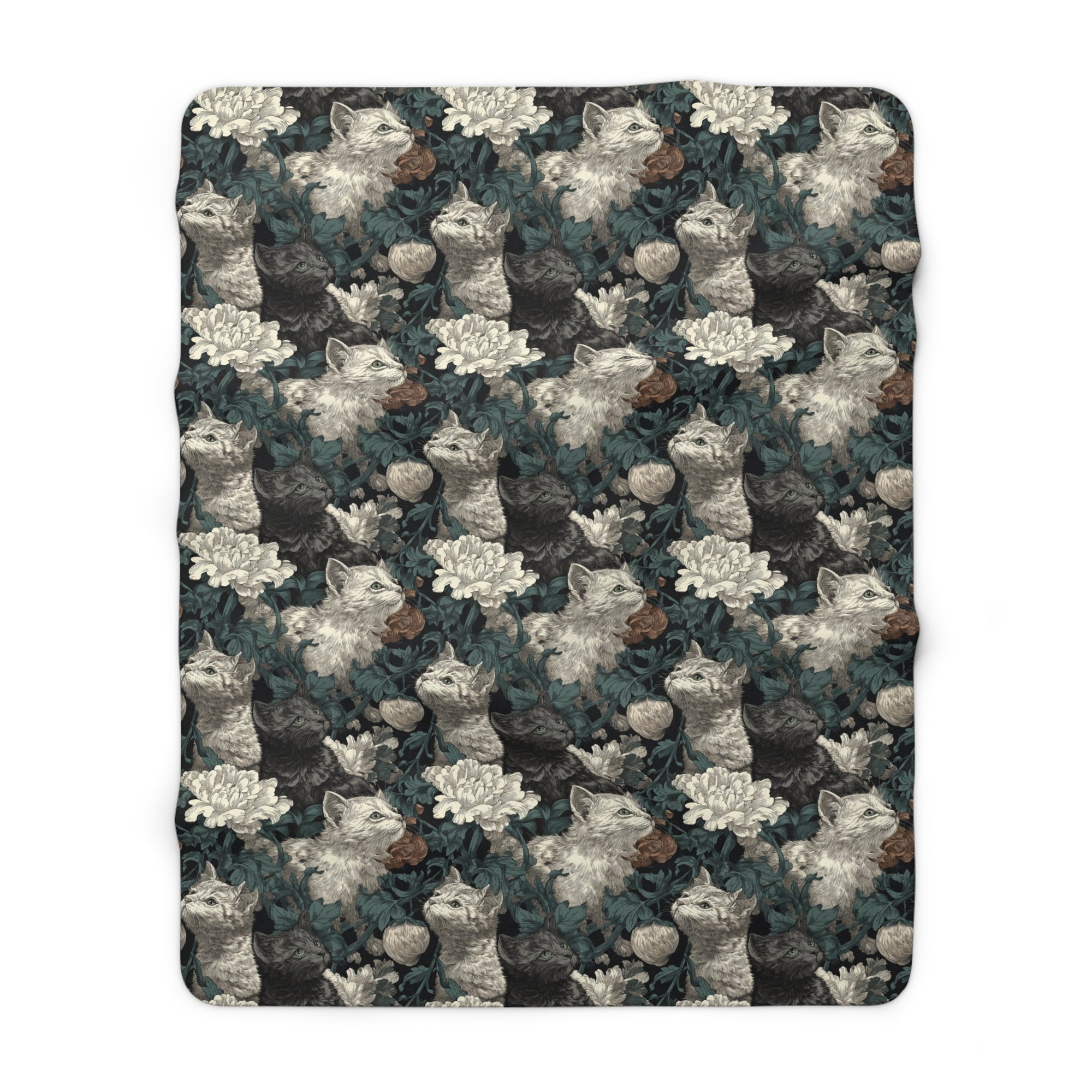 Sherpa Blanket - Grey and White Kittens with Creamy White Flowers and Dark Green Foliage, Elegant Vintage Vibe