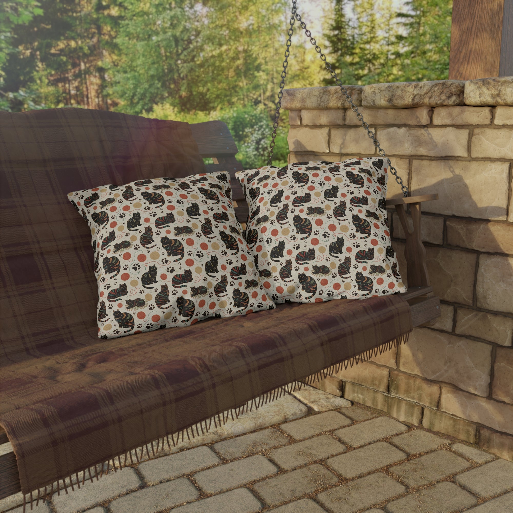 Outdoor Pillow - Intricate tribal patterned black cats, colorful folk art style, playful felines with yarn balls and paw prints, artistic and bohemian cat design, cream background, unique animal print