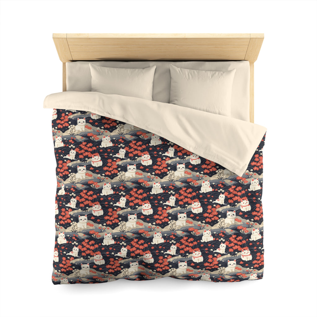 Duvet Cover - A charming, minimalist, Japanese-style illustration of cute white cats sitting amongst vibrant red and white flowers on a dark background.