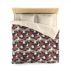 Duvet Cover - A charming, minimalist, Japanese-style illustration of cute white cats sitting amongst vibrant red and white flowers on a dark background.