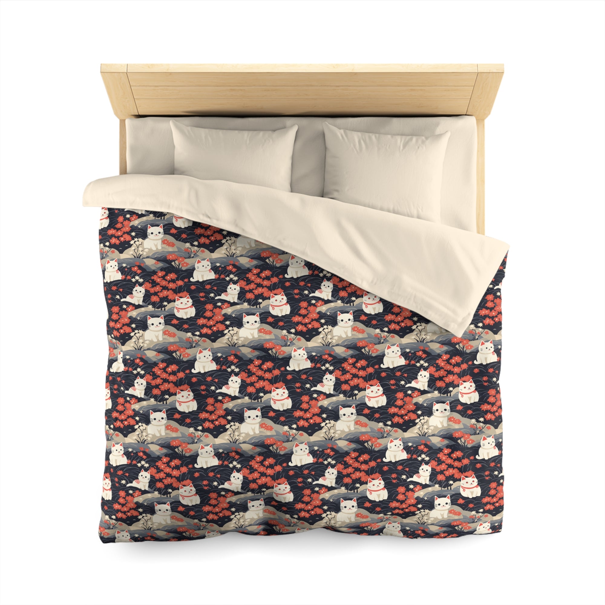 Duvet Cover - A charming, minimalist, Japanese-style illustration of cute white cats sitting amongst vibrant red and white flowers on a dark background.