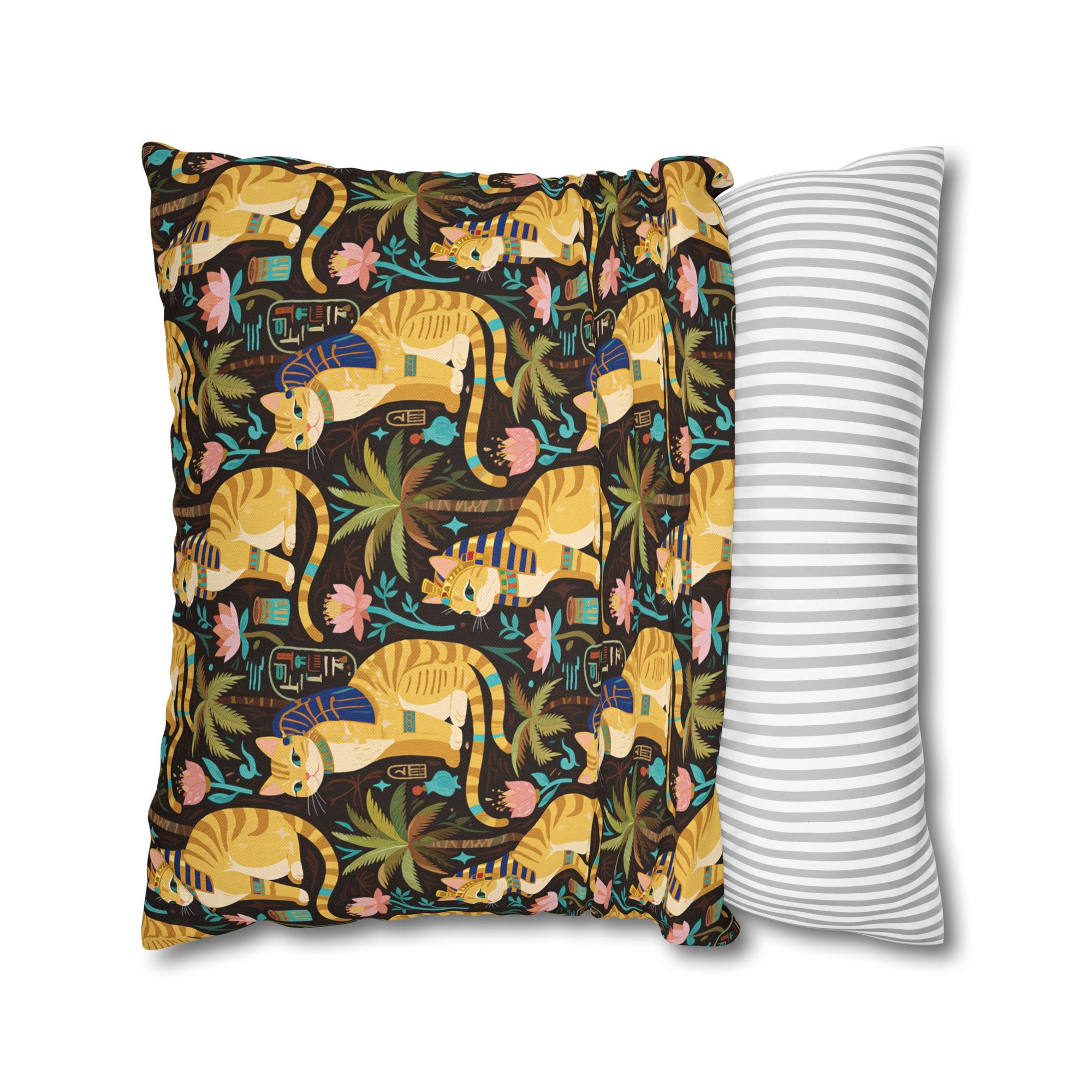 Square Pillowcase - Golden Egyptian Cats with Pharaonic Headpieces Amidst Lush Palms and Lotus Flowers in an Exotic and Vibrant Scene
