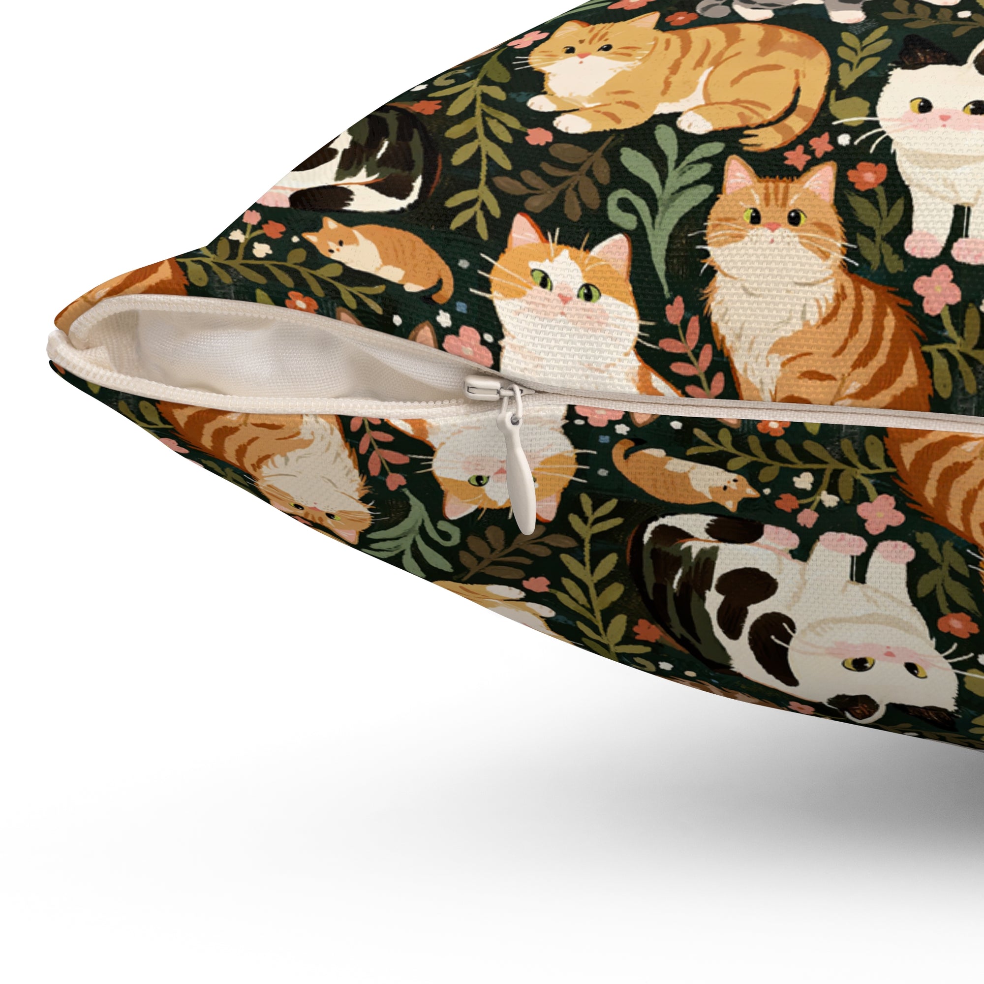 Indoor Square Pillow - Whimsical cat and kitten garden party, various cat breeds amidst green foliage and pink flowers, charming animal illustration, dark forest green background, playful and natural art
