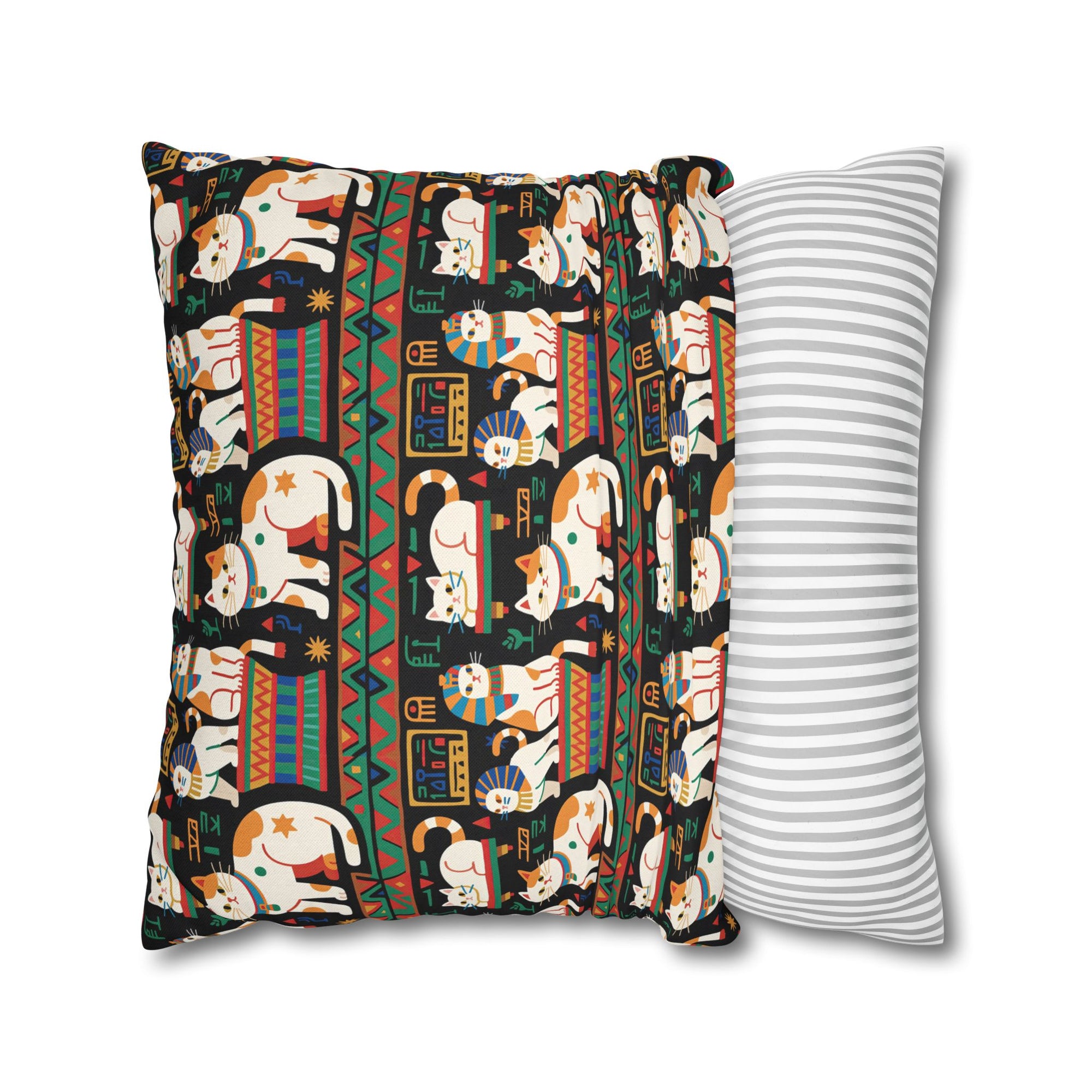 Square Pillowcase - Ancient Egyptian Felines with Hieroglyphs and Colorful Borders Adorn this Playful and Culturally Rich Cat Pattern