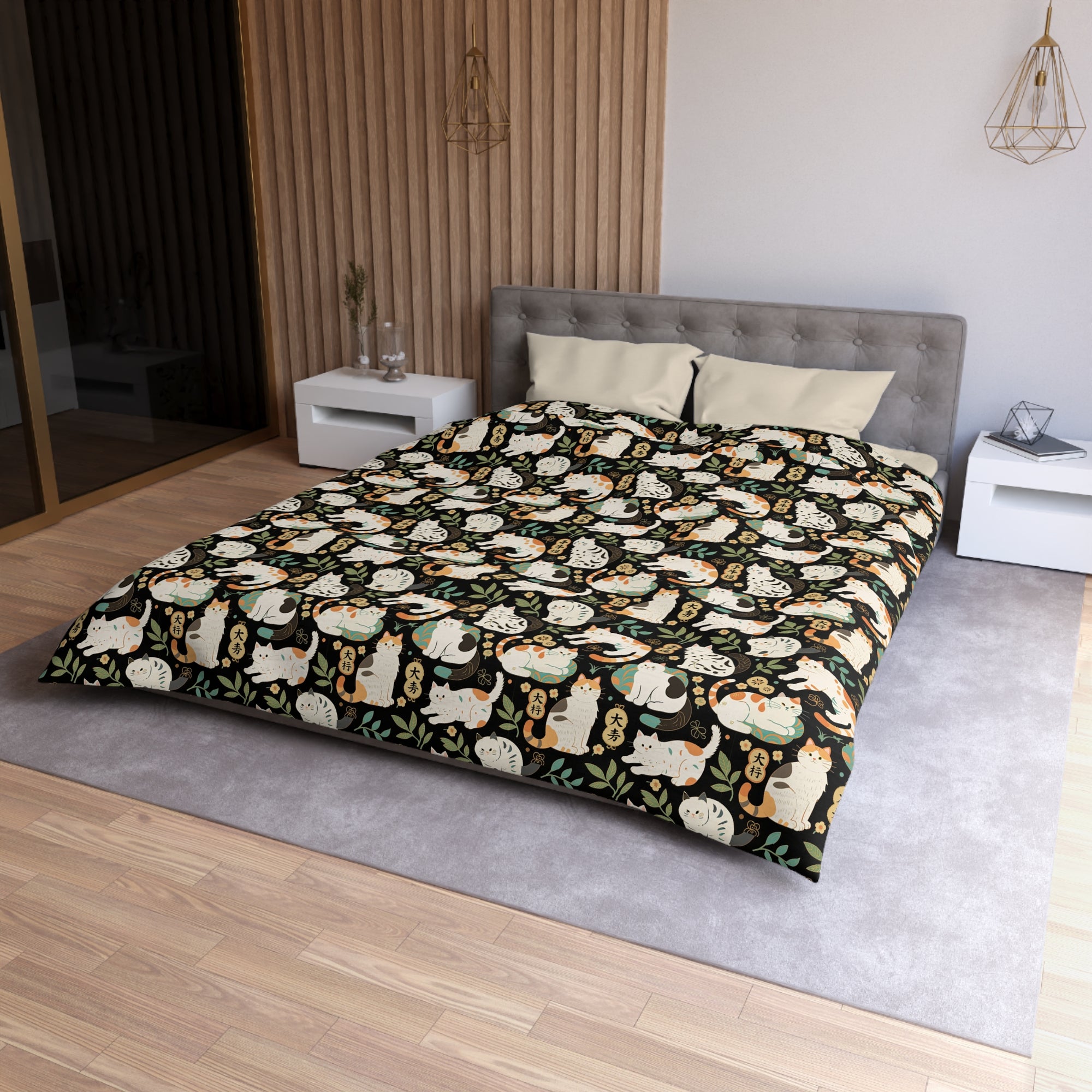 Duvet Cover - Traditional Japanese Maneki-Neko Cats and Auspicious Symbols Grace a Dark Background in this Fortunate Pattern