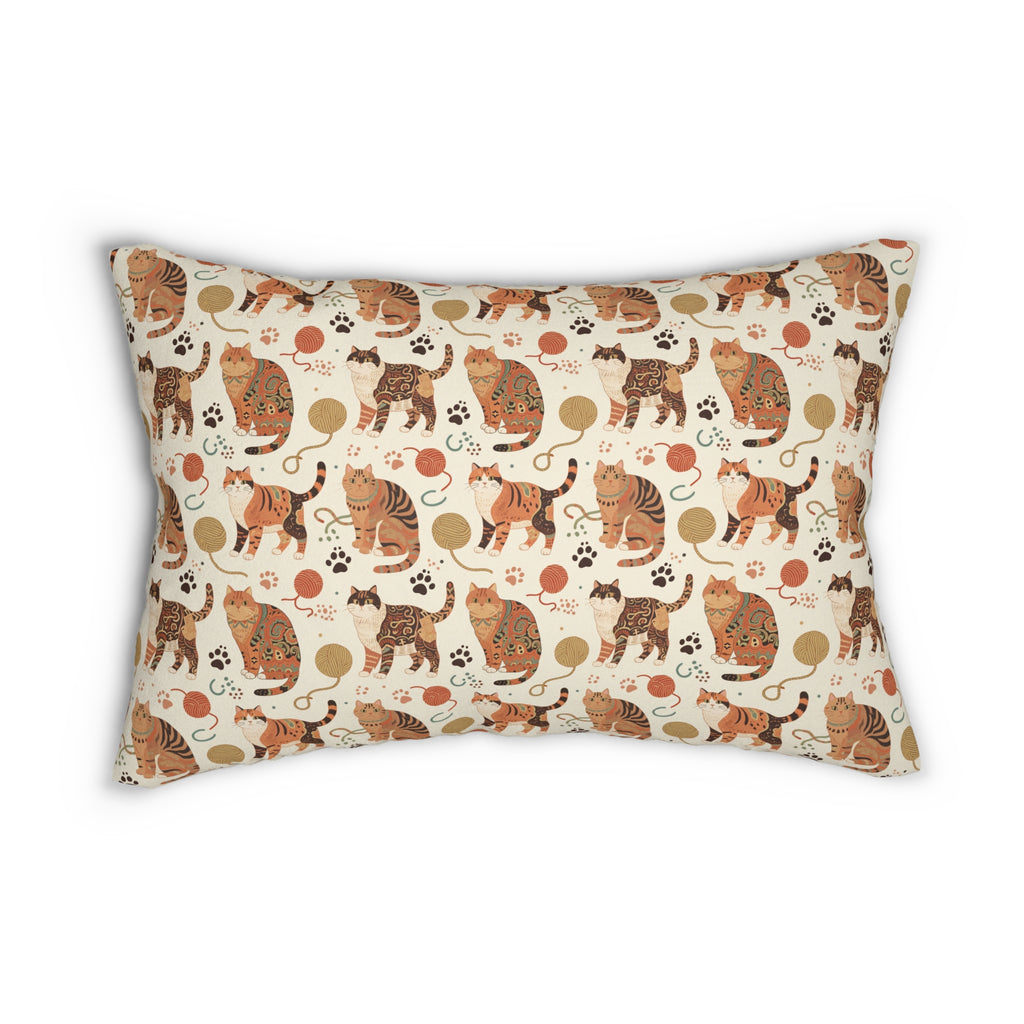 Indoor Lumbar Pillow - Artistic patterned cats in warm earth tones, unique tribal and folk art designs, playful felines with yarn and paw prints, bohemian animal print, cream background, creative cat art