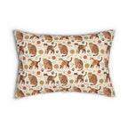 Indoor Lumbar Pillow - Artistic patterned cats in warm earth tones, unique tribal and folk art designs, playful felines with yarn and paw prints, bohemian animal print, cream background, creative cat art