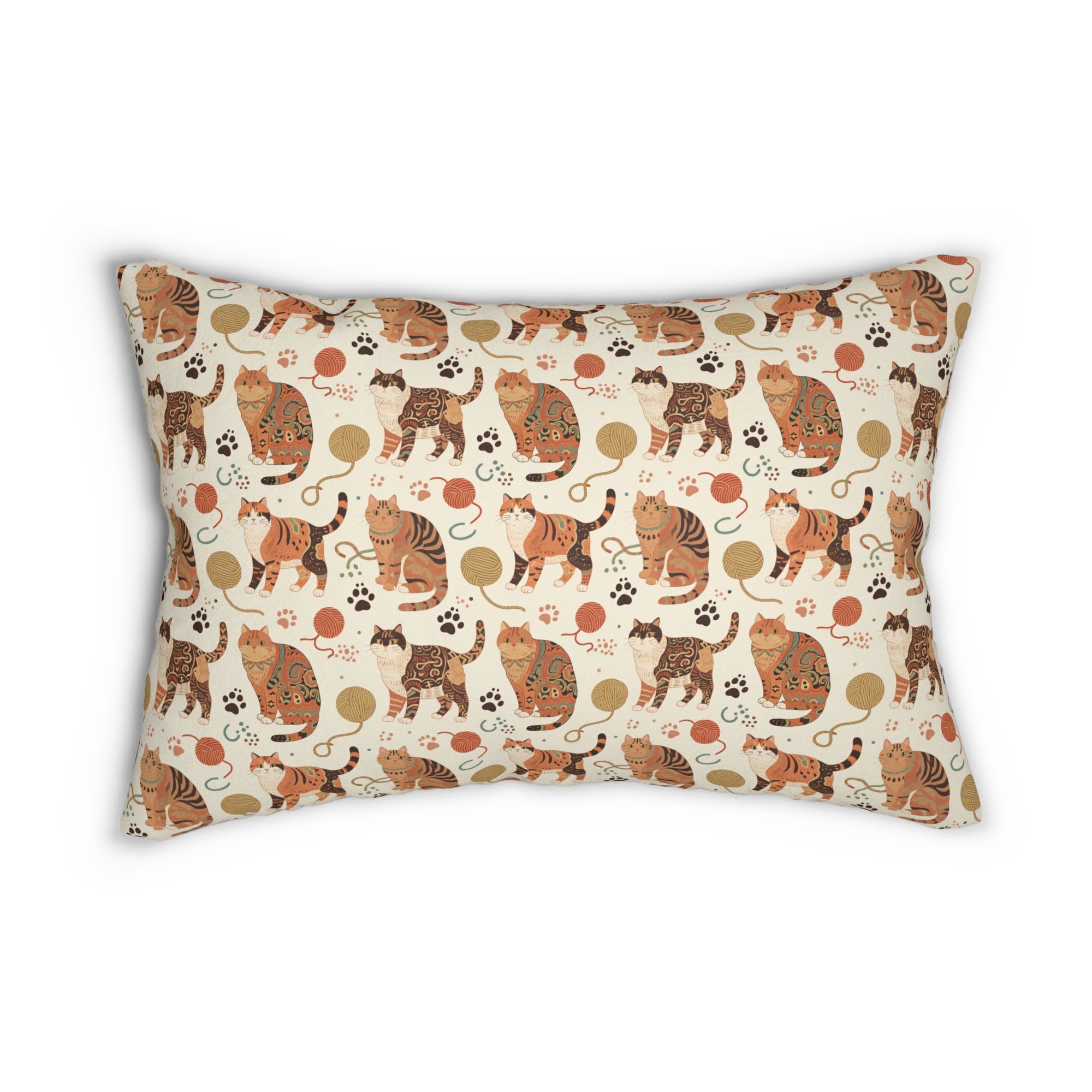 Indoor Lumbar Pillow - Artistic patterned cats in warm earth tones, unique tribal and folk art designs, playful felines with yarn and paw prints, bohemian animal print, cream background, creative cat art