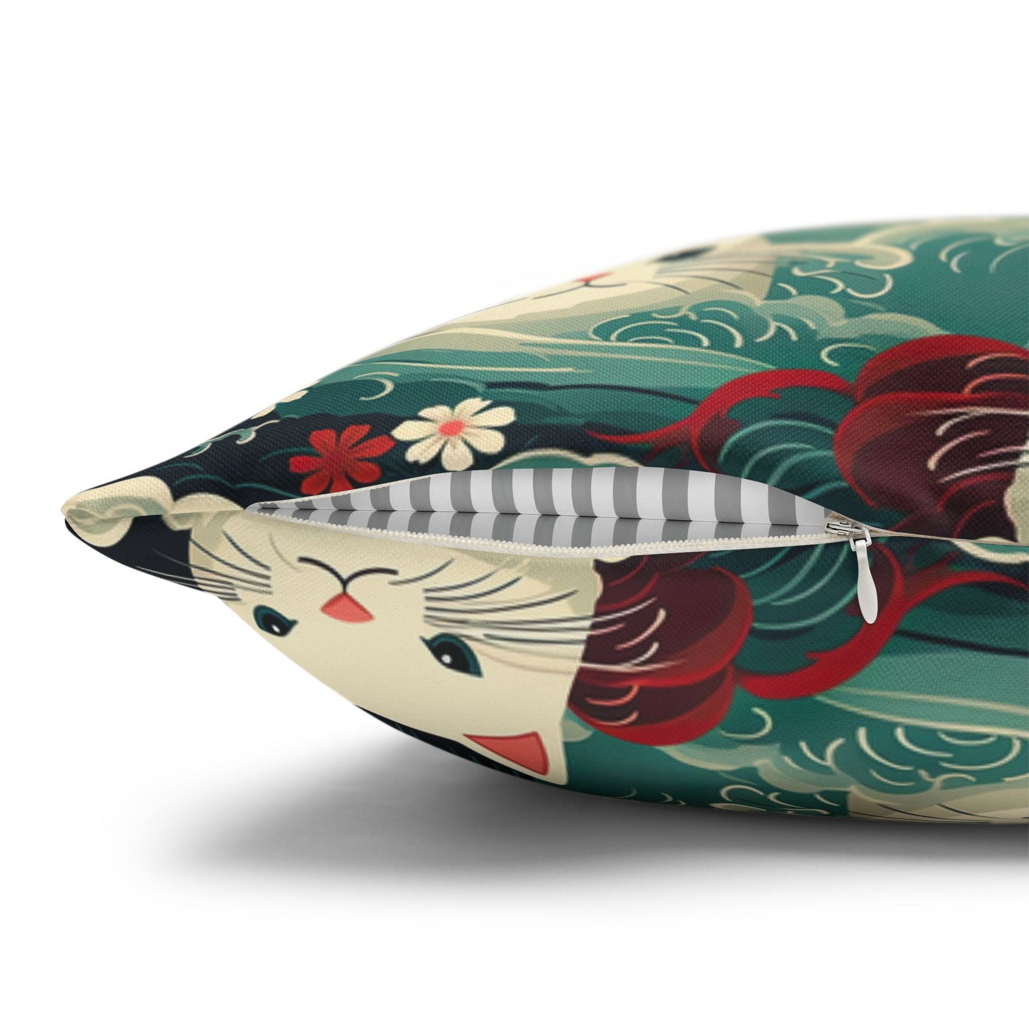 Square Pillowcase - A dramatic and powerful Japanese woodblock print-style illustration of cats amidst powerful waves, red flowers, and white cherry blossoms.