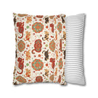 Square Pillowcase - Vibrant boho chic cats and mandalas, colorful folk art style, playful felines with yarn and paw prints, artistic and bohemian cat design, cream background, unique animal print