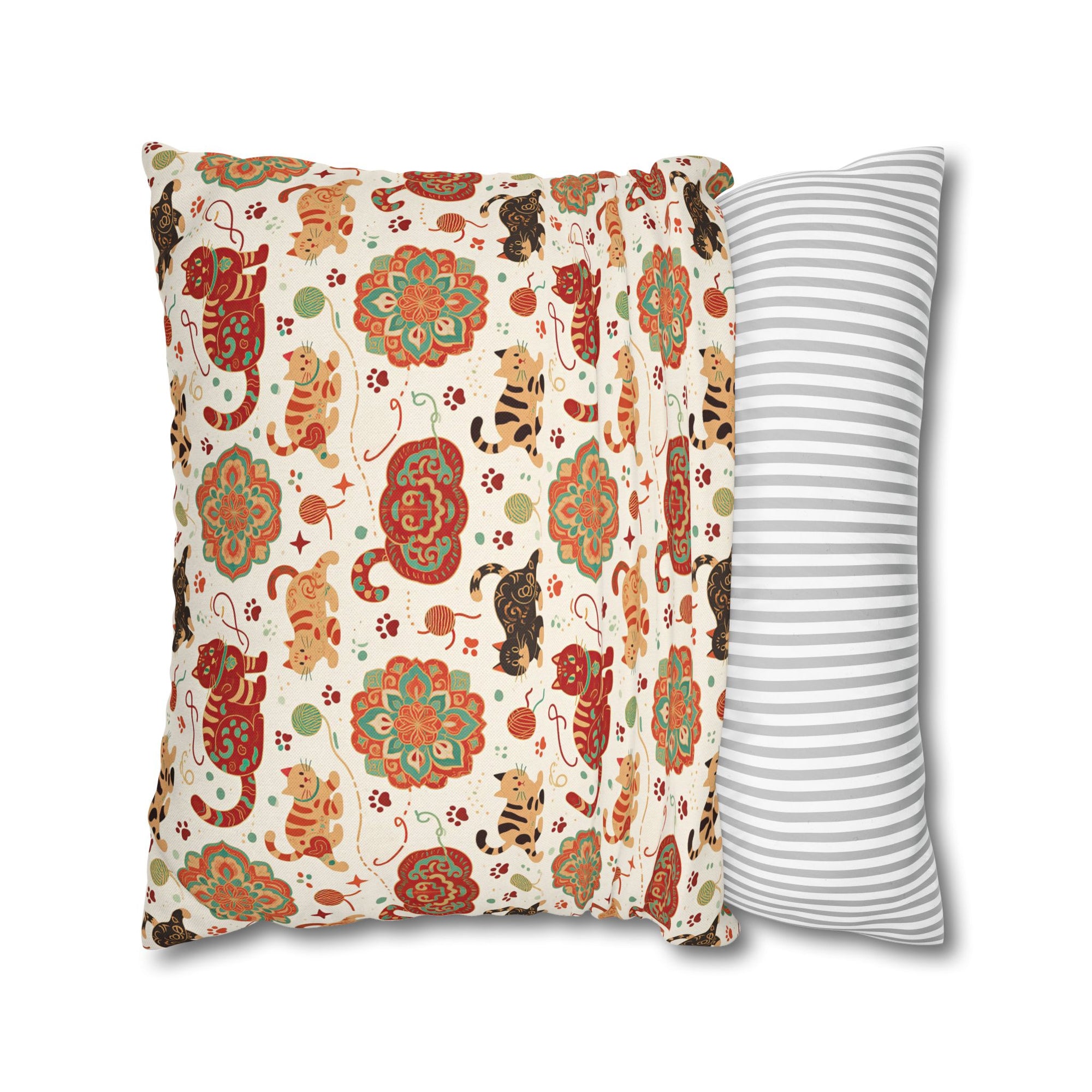 Square Pillowcase - Vibrant boho chic cats and mandalas, colorful folk art style, playful felines with yarn and paw prints, artistic and bohemian cat design, cream background, unique animal print