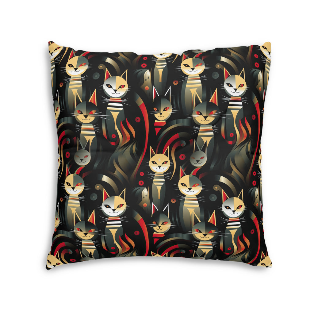 Indoor Square Floor Pillow - A bold and striking Art Deco pattern showcasing stylized feline portraits with sharp, gold lines and geometric shapes set against a dark, dramatic background.